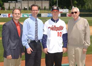 (From left to right) Hudson Valley Director of Athletics Tom Reinisch, ValleyCats General Manager Rick Murphy, Chris Salamida, and ValleyCats President William Gladstone.